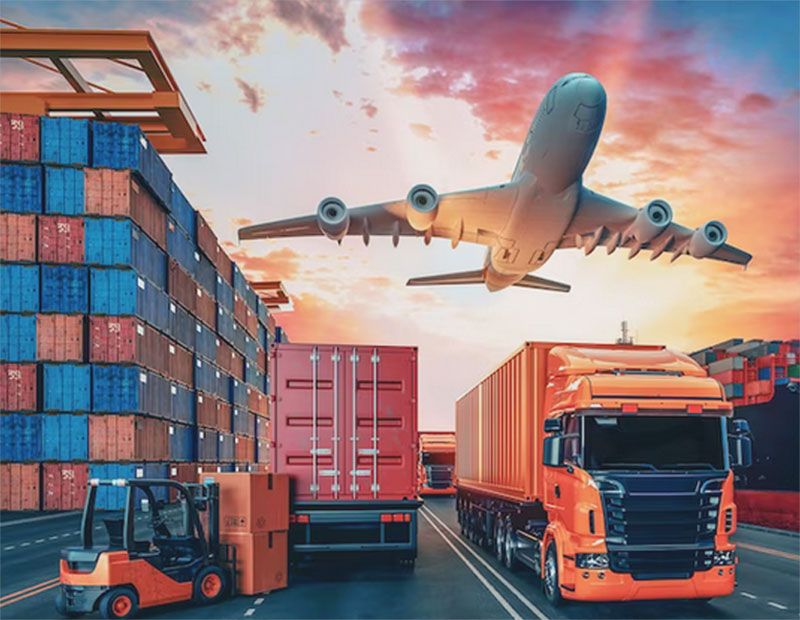 a view of full service storage on shipping port and airplane passing from the above