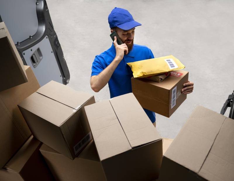a view of cardboard boxes kept in the truck and a man holding some packages