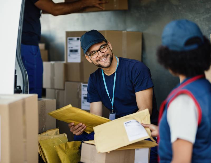 a man talking to a woman about delivering the packages